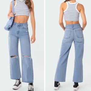 NWT Edikted Lori High-Rise Wide Leg Ankle Jeans, Light Destructed Wash, Raw Hem.